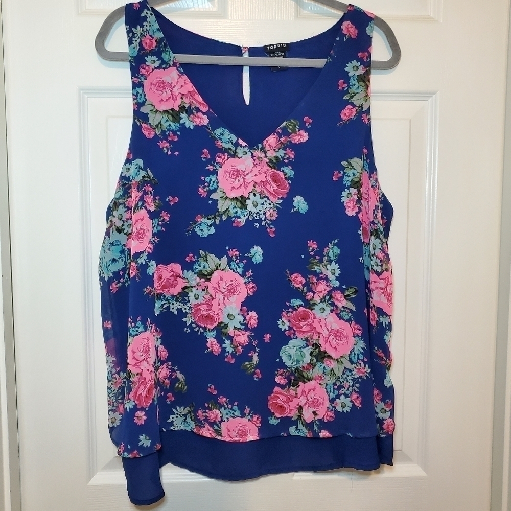 Torrid Floral Print Blue & Pink Chiffon Layered Tank Blouse Top Size 1X - Picture 2 of 8
